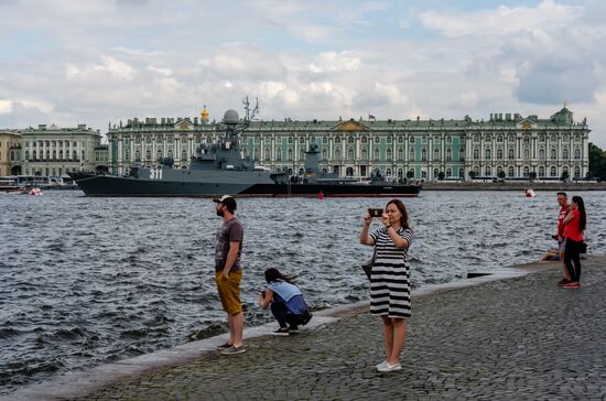 Russian Navy combat vessels on Neva River