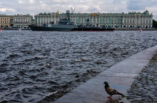 Russian Navy combat vessels on Neva River