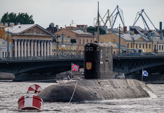 Russian Navy combat vessels on Neva River