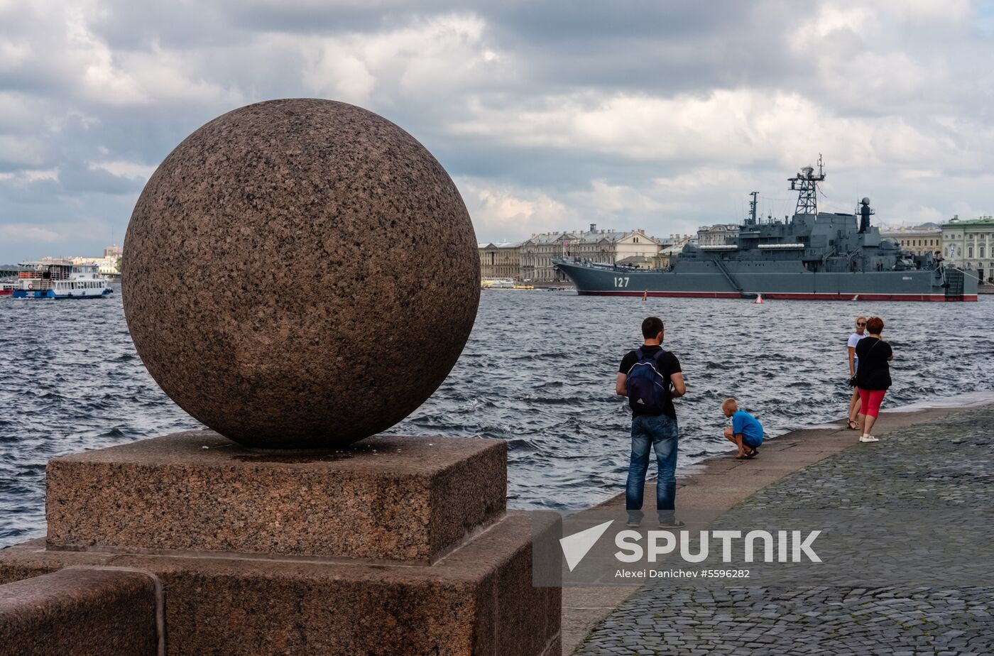 Russian Navy combat vessels on Neva River