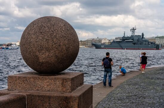 Russian Navy combat vessels on Neva River