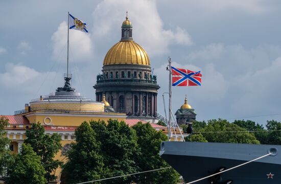 Russian Navy combat vessels on Neva River
