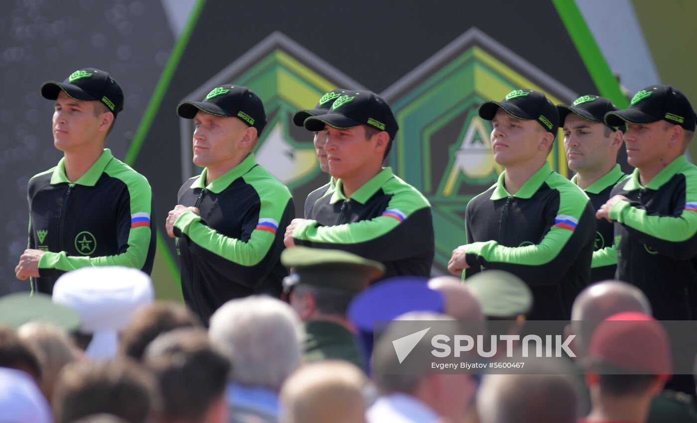 Team Russia at the opening ceremony of the 2018 Tank Biathlon international competition in the Patriot Military and Patriotic Park of the Russian Armed Forces at the Alabino range outside Moscow. Location: Russia, Moscow region. Author: Evgeny Biyatov/Sputnik. Opening of Tank Biathlon 2018 international competition