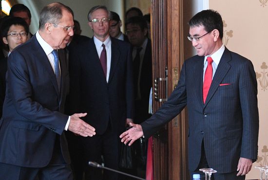 Meeting of Russian and Japanese foreign ministers Sergei Lavrov and Taro Kono