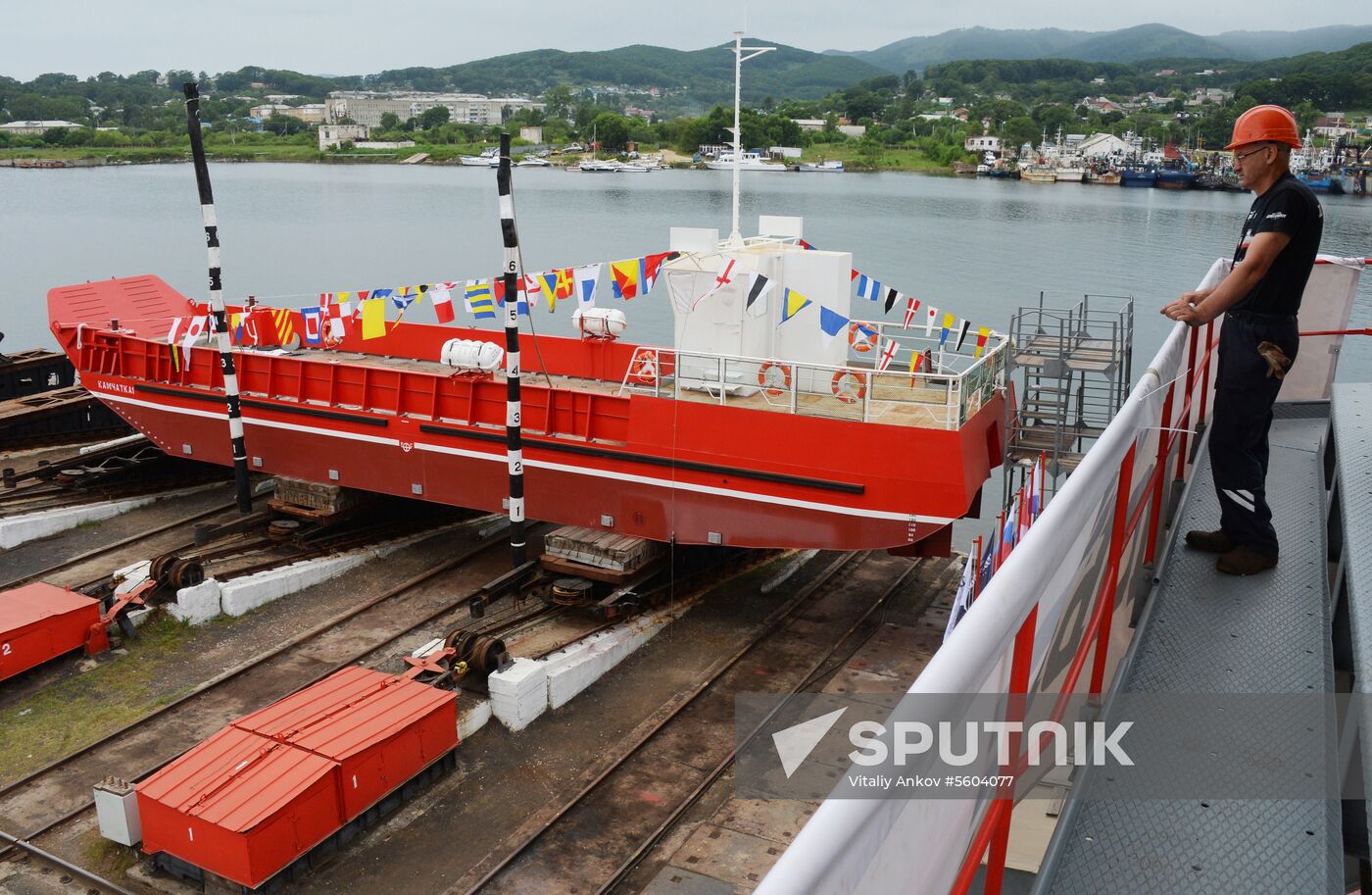 Launching a cargo-and-passenger barge in Primorye