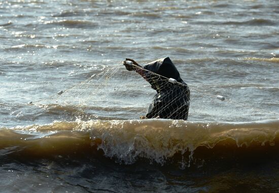 Mass salmon fishing near Bering Sea in Anadyr