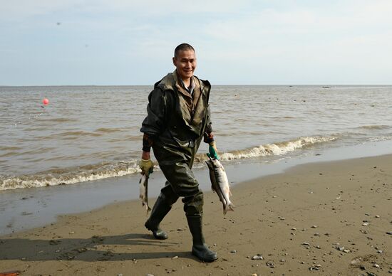 Mass salmon fishing near Bering Sea in Anadyr