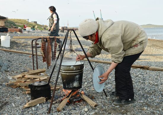 Mass salmon fishing near Bering Sea in Anadyr