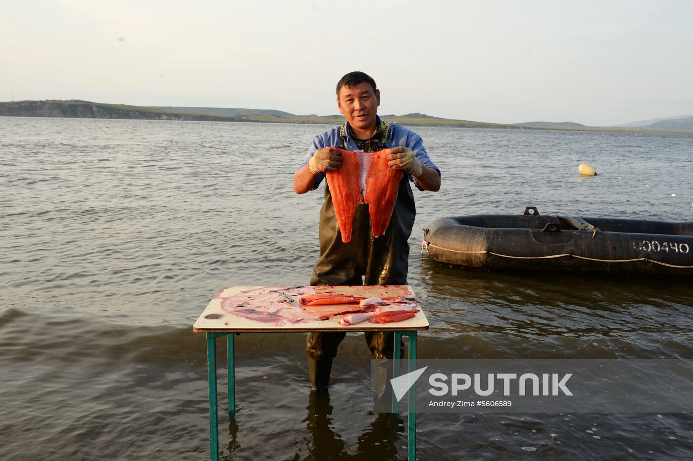 Mass salmon fishing near Bering Sea in Anadyr