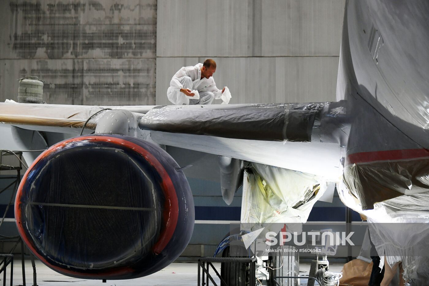 Sukhoi Superjet plane painted in Aeroflot livery
