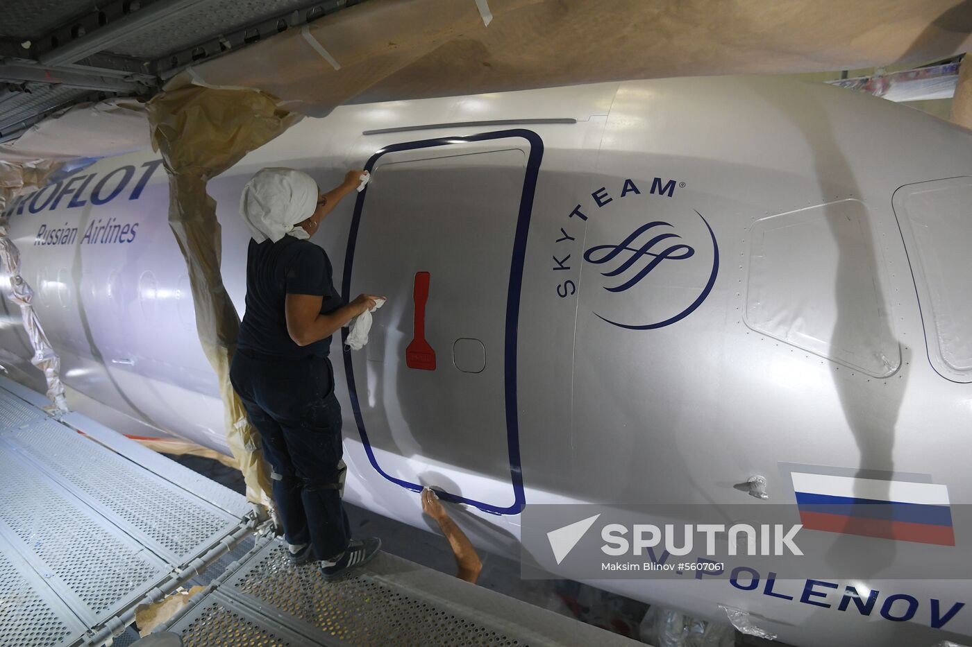 Sukhoi Superjet plane painted in Aeroflot livery