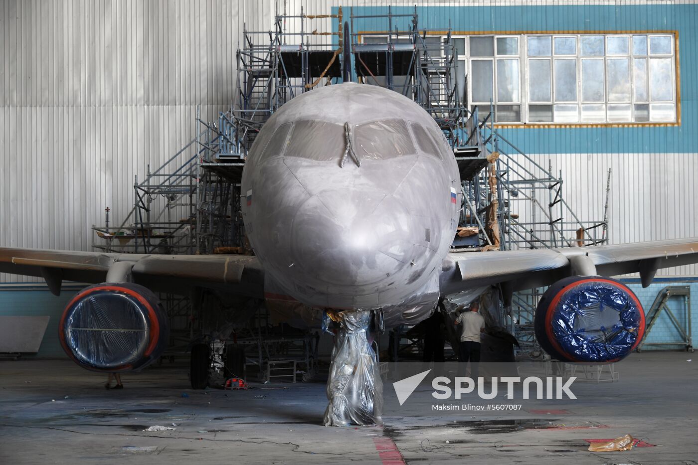 Sukhoi Superjet plane painted in Aeroflot livery