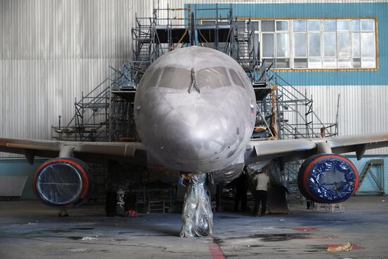 Sukhoi Superjet plane painted in Aeroflot livery