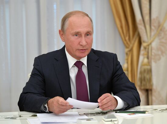 Russian President Vladimir Putin meets with President of the Republic of Abkhazia Raul Khadzhimba and President of South Ossetia Anatoly Bibilov