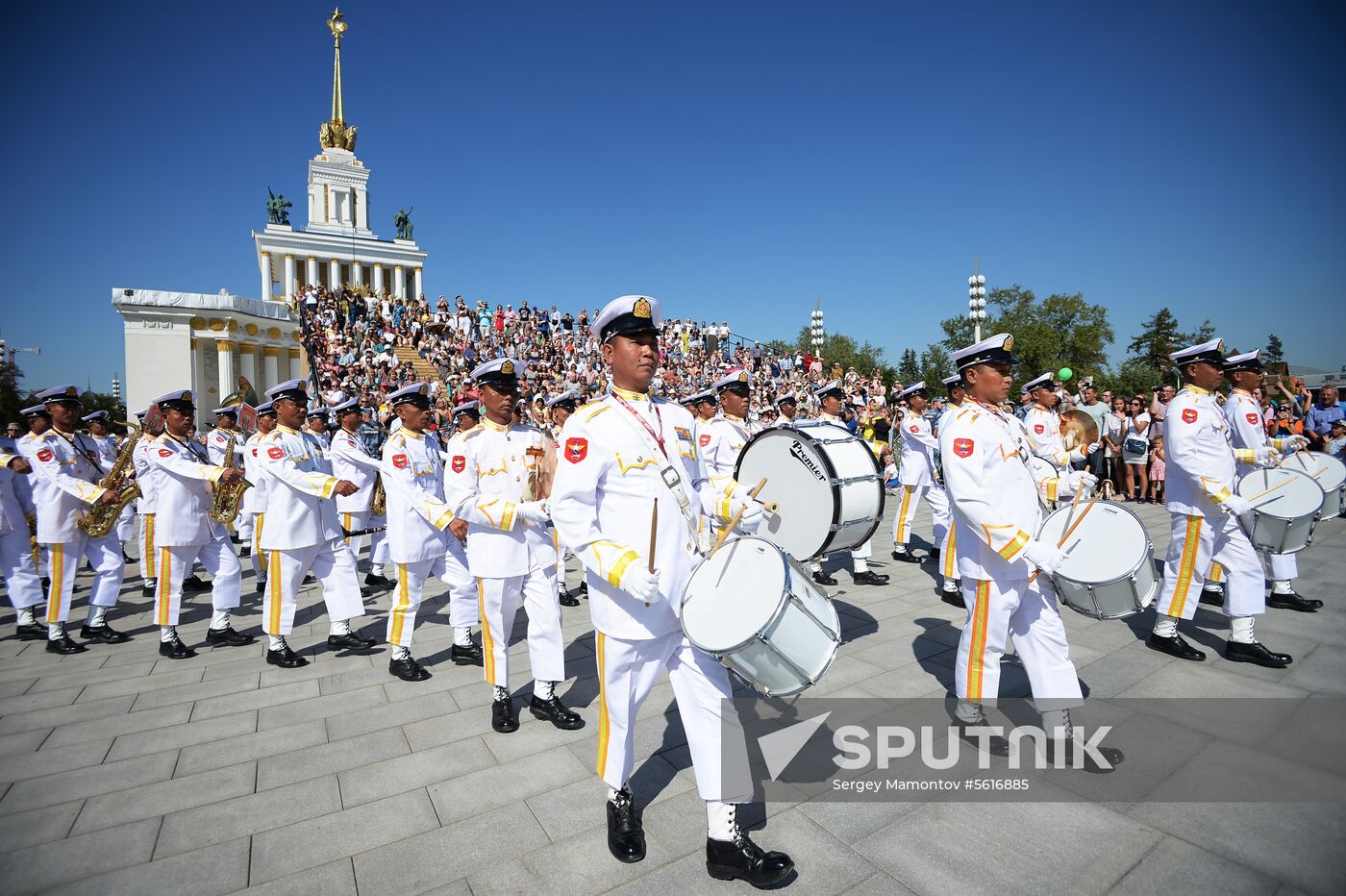 Procession of participants in international military music festival, Spasskaya Tower, at VDNKh