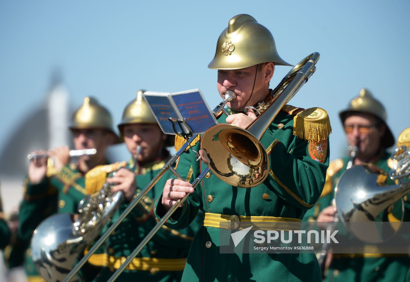 Procession of participants in international military music festival, Spasskaya Tower, at VDNKh