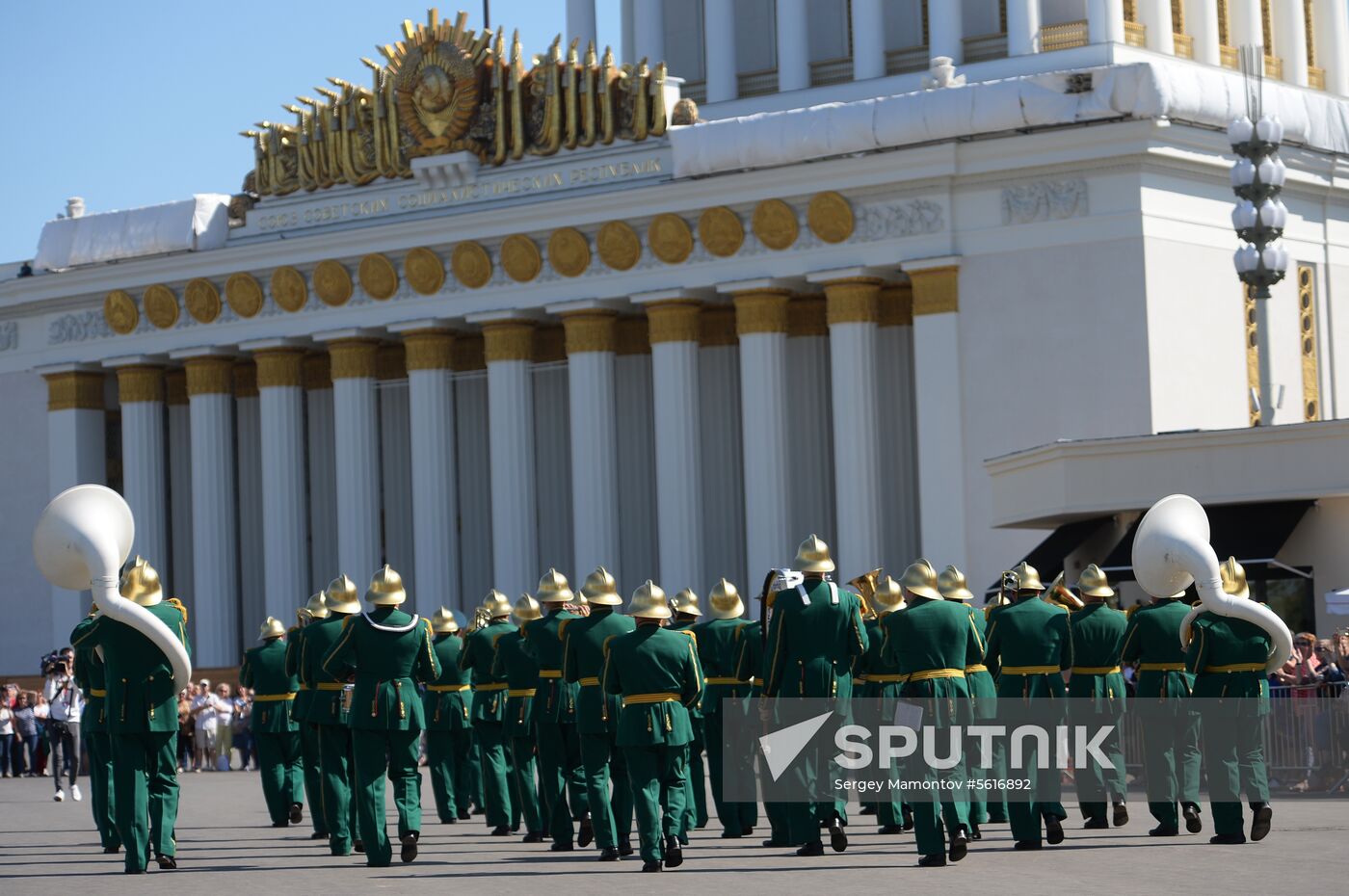 Procession of participants in international military music festival, Spasskaya Tower, at VDNKh