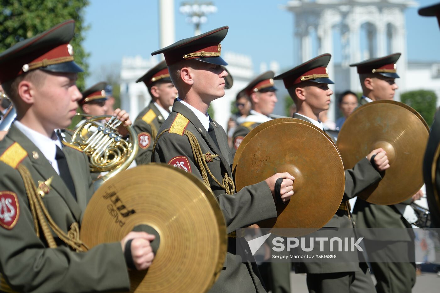 Procession of participants in international military music festival, Spasskaya Tower, at VDNKh