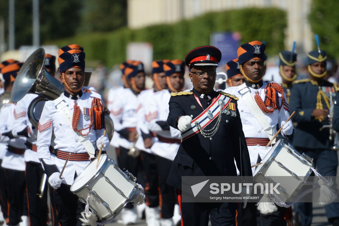 Procession of participants in international military music festival, Spasskaya Tower, at VDNKh