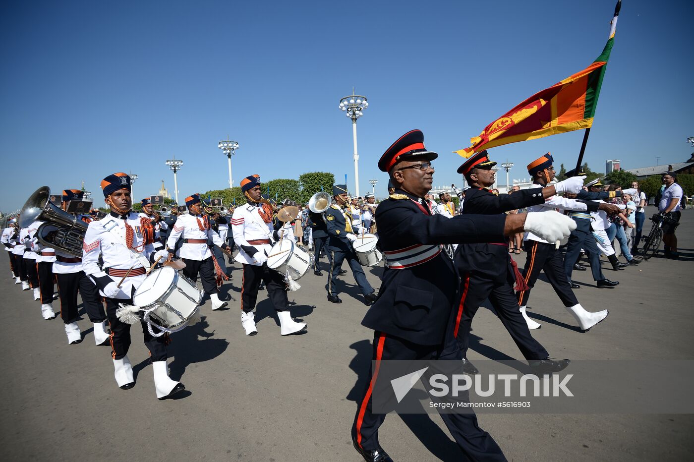 Procession of participants in international military music festival, Spasskaya Tower, at VDNKh