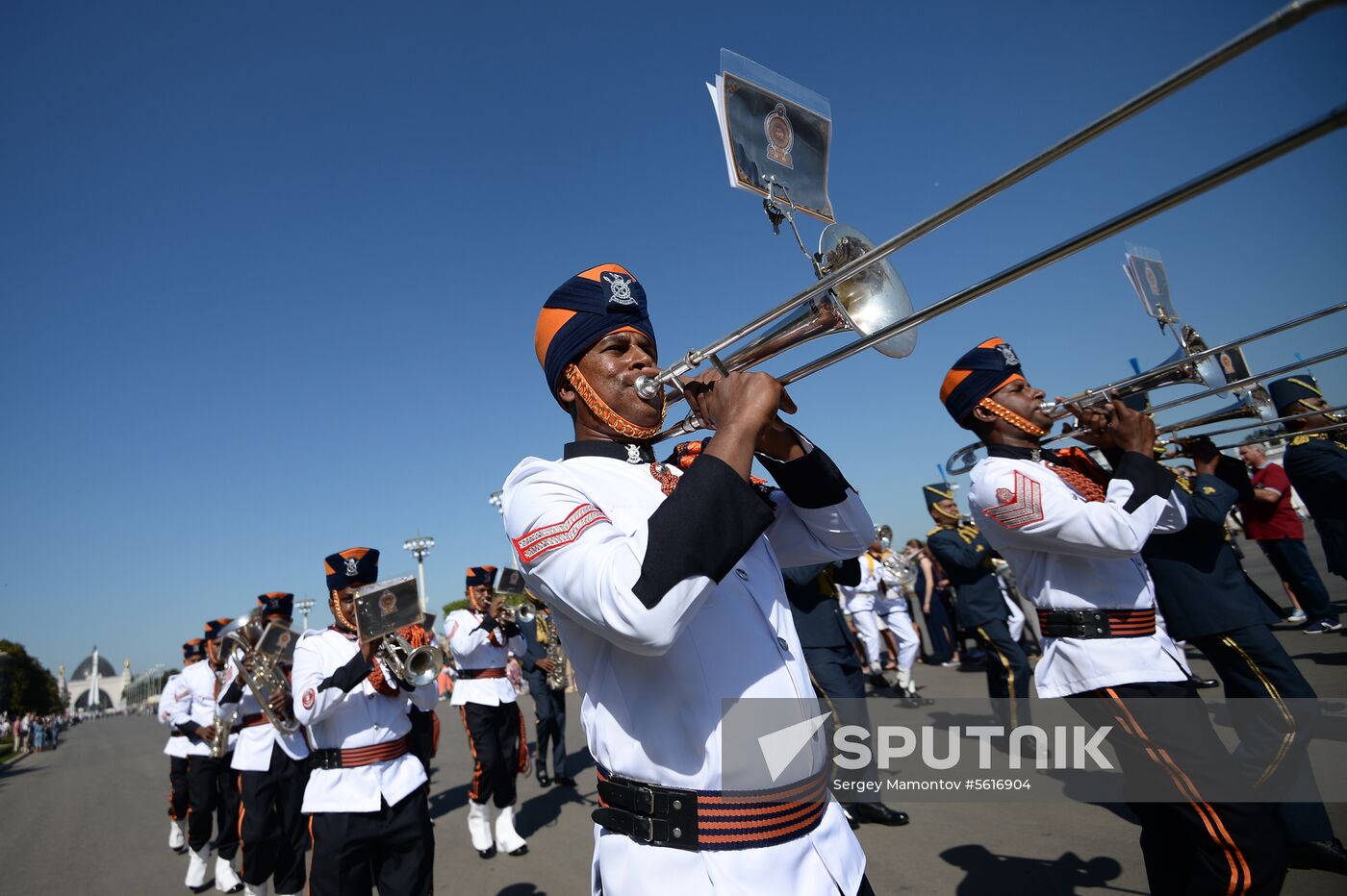 Procession of participants in international military music festival, Spasskaya Tower, at VDNKh