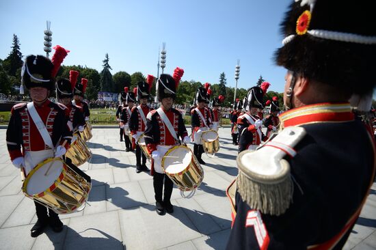 Procession of participants in international military music festival, Spasskaya Tower, at VDNKh