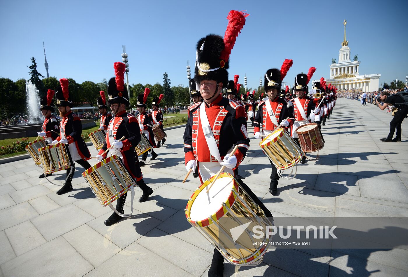 Procession of participants in international military music festival, Spasskaya Tower, at VDNKh