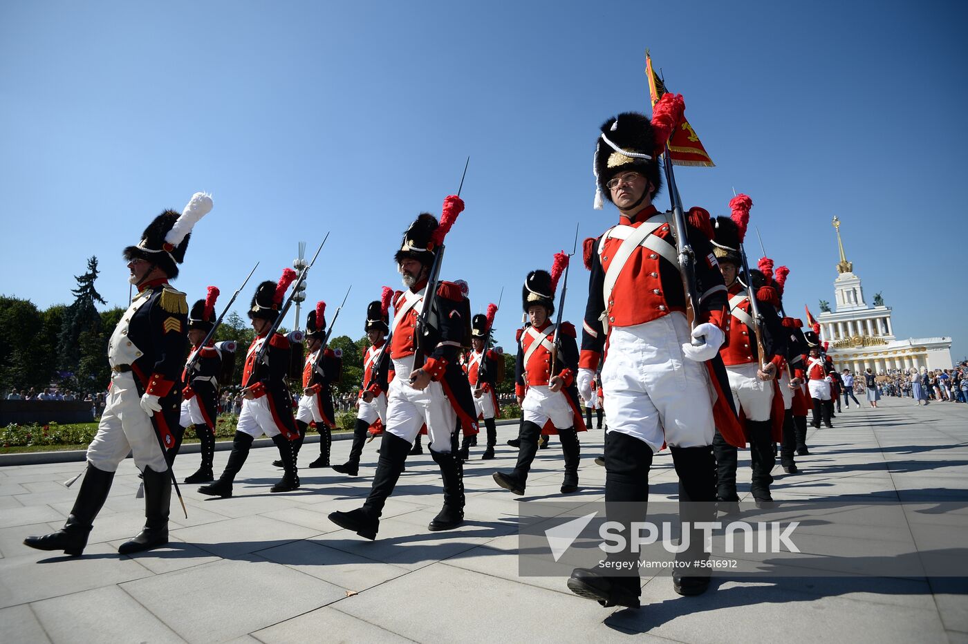 Procession of participants in international military music festival, Spasskaya Tower, at VDNKh
