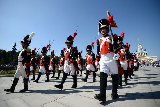 Procession of participants in international military music festival, Spasskaya Tower, at VDNKh