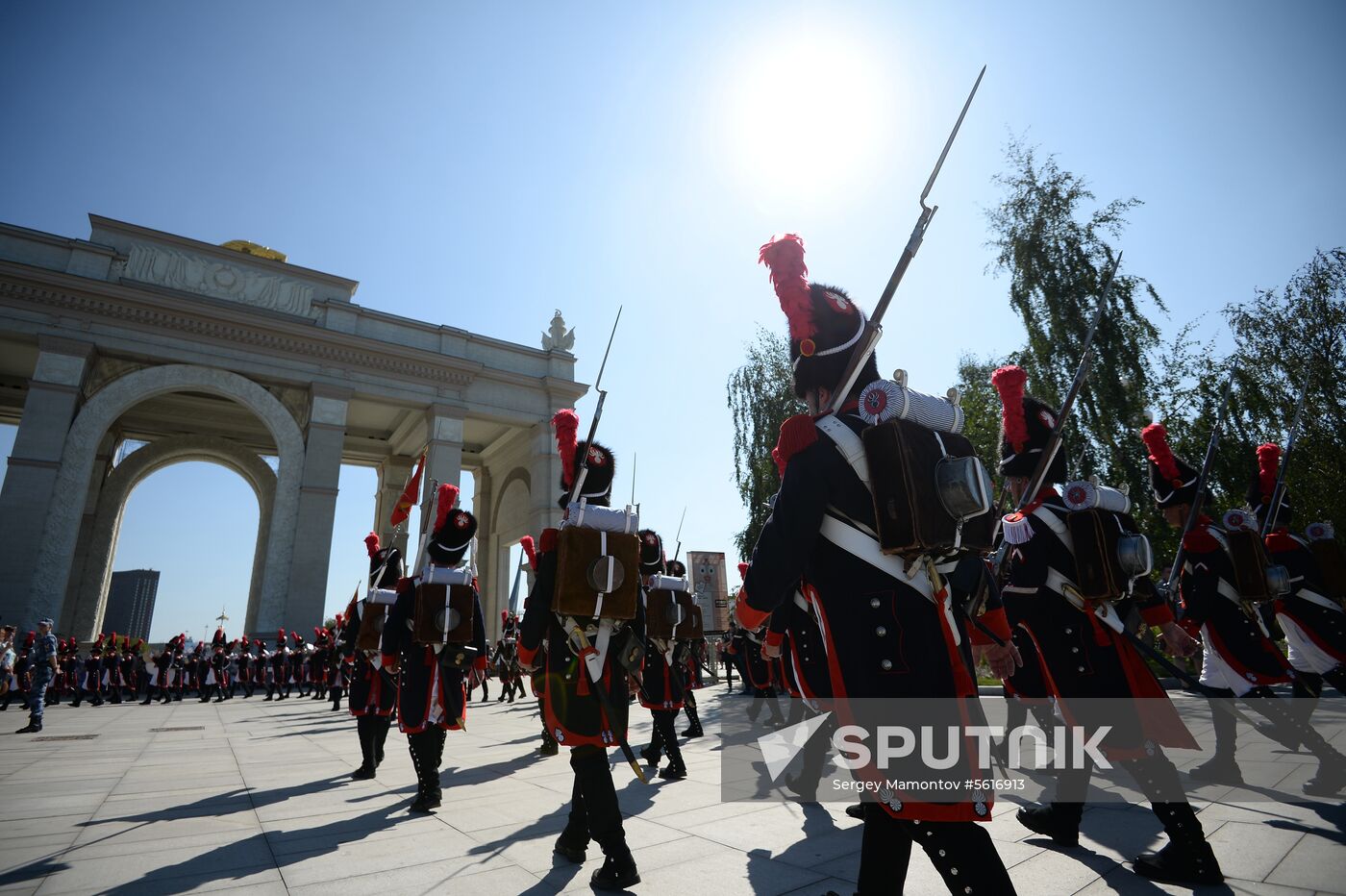Procession of participants in international military music festival, Spasskaya Tower, at VDNKh