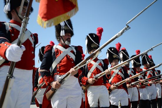 Procession of participants in international military music festival, Spasskaya Tower, at VDNKh