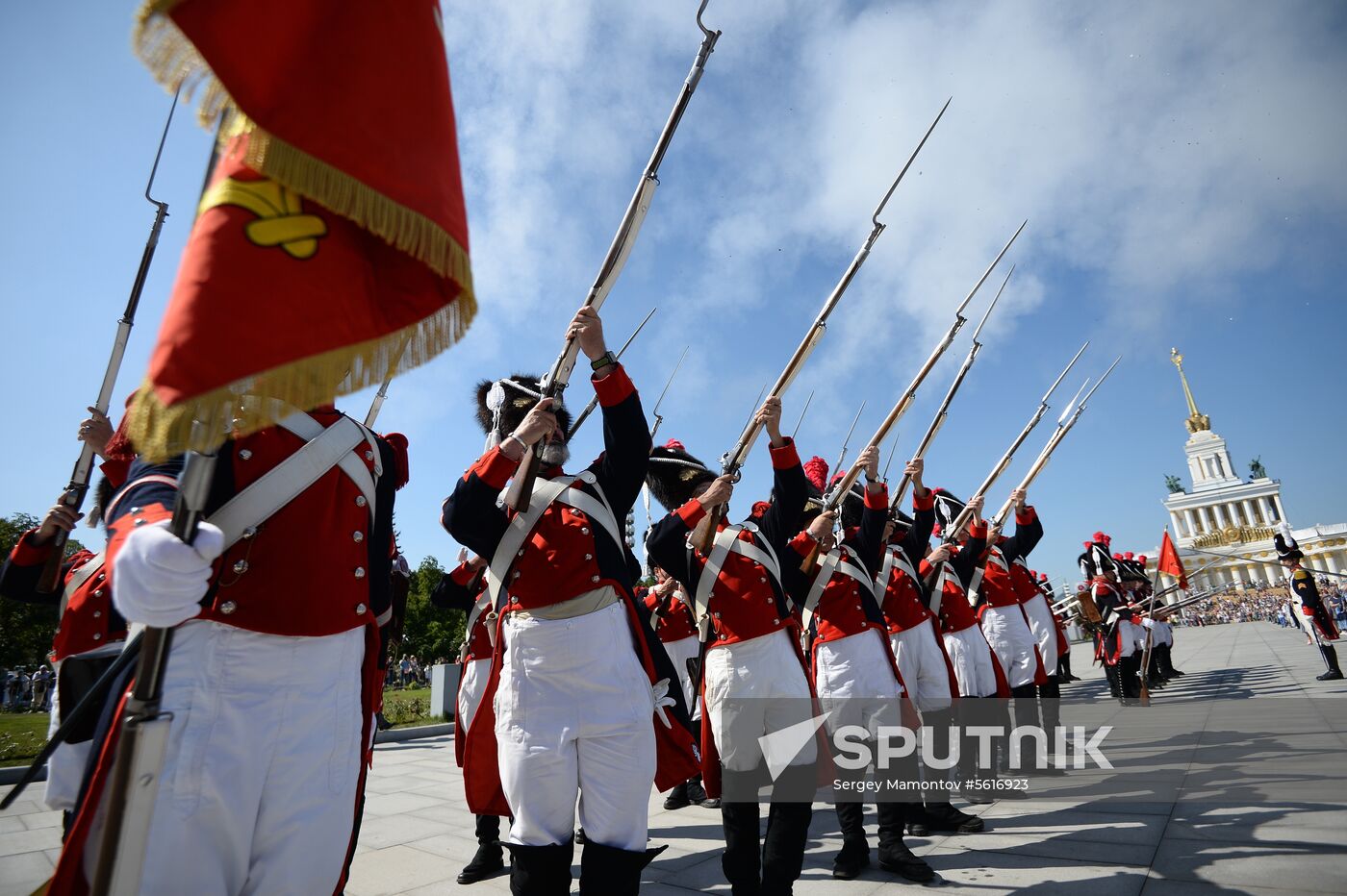Procession of participants in international military music festival, Spasskaya Tower, at VDNKh