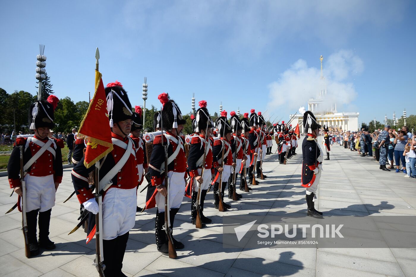 Procession of participants in international military music festival, Spasskaya Tower, at VDNKh