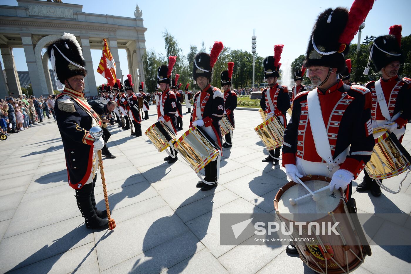 Procession of participants in international military music festival, Spasskaya Tower, at VDNKh