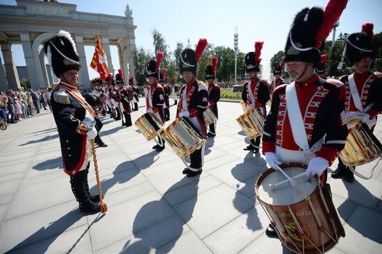 Procession of participants in international military music festival, Spasskaya Tower, at VDNKh