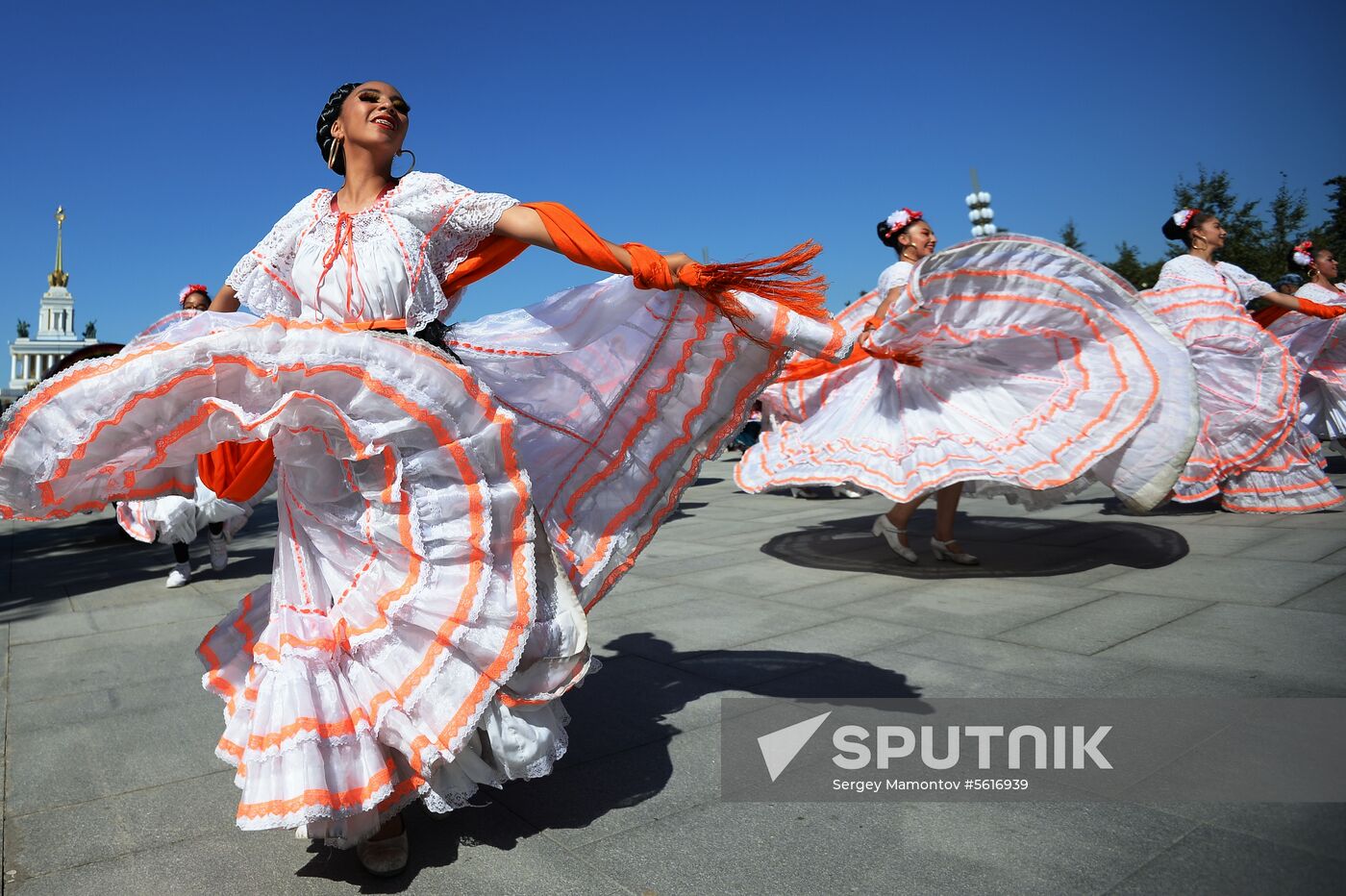 Procession of participants in international military music festival, Spasskaya Tower, at VDNKh