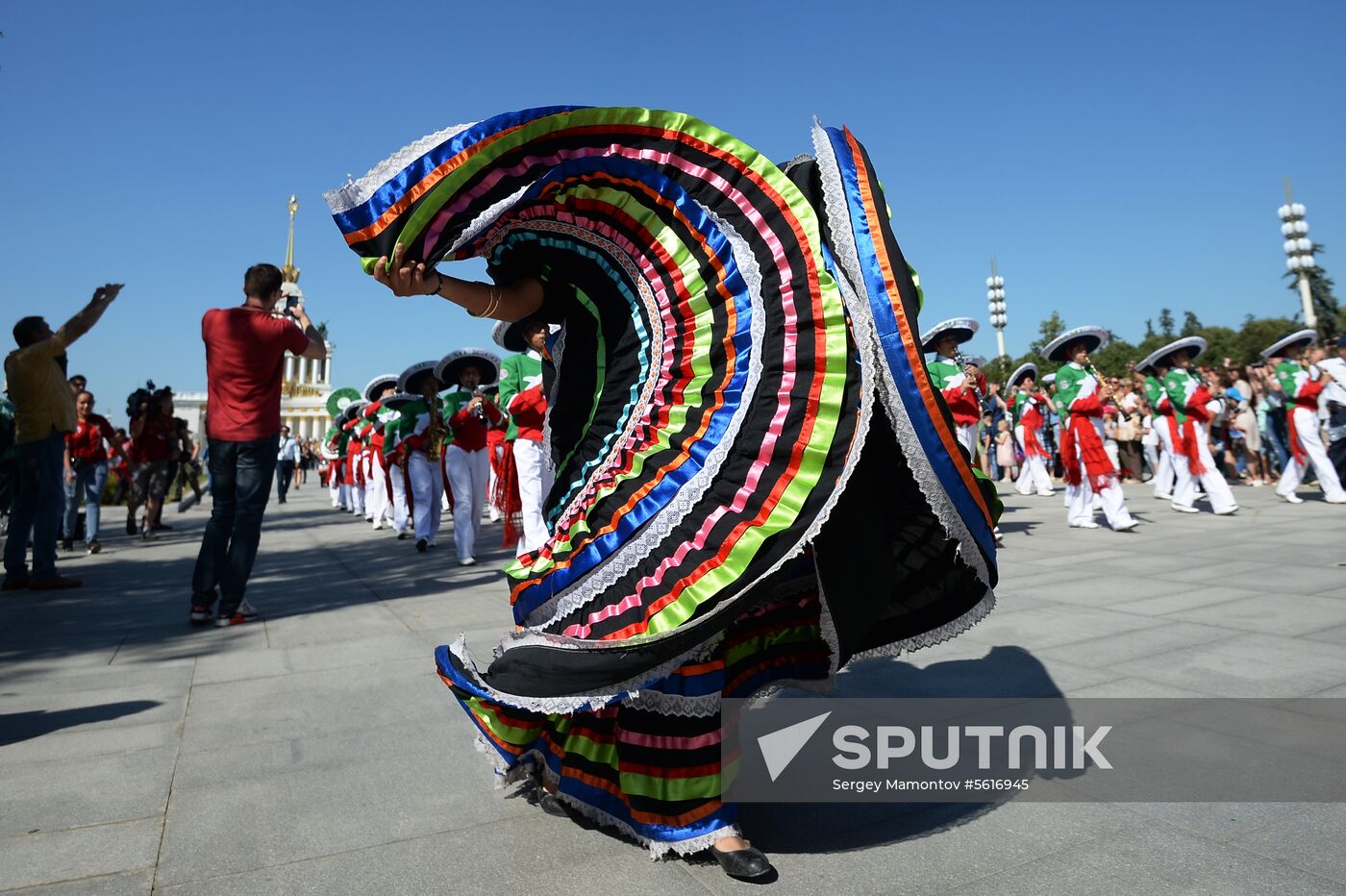 Procession of participants in international military music festival, Spasskaya Tower, at VDNKh