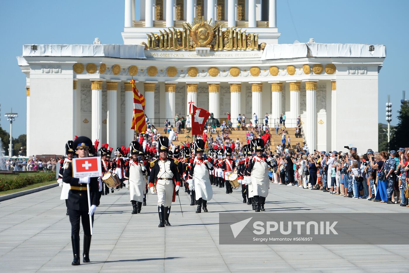 Procession of participants in international military music festival, Spasskaya Tower, at VDNKh