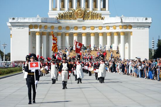 Procession of participants in international military music festival, Spasskaya Tower, at VDNKh