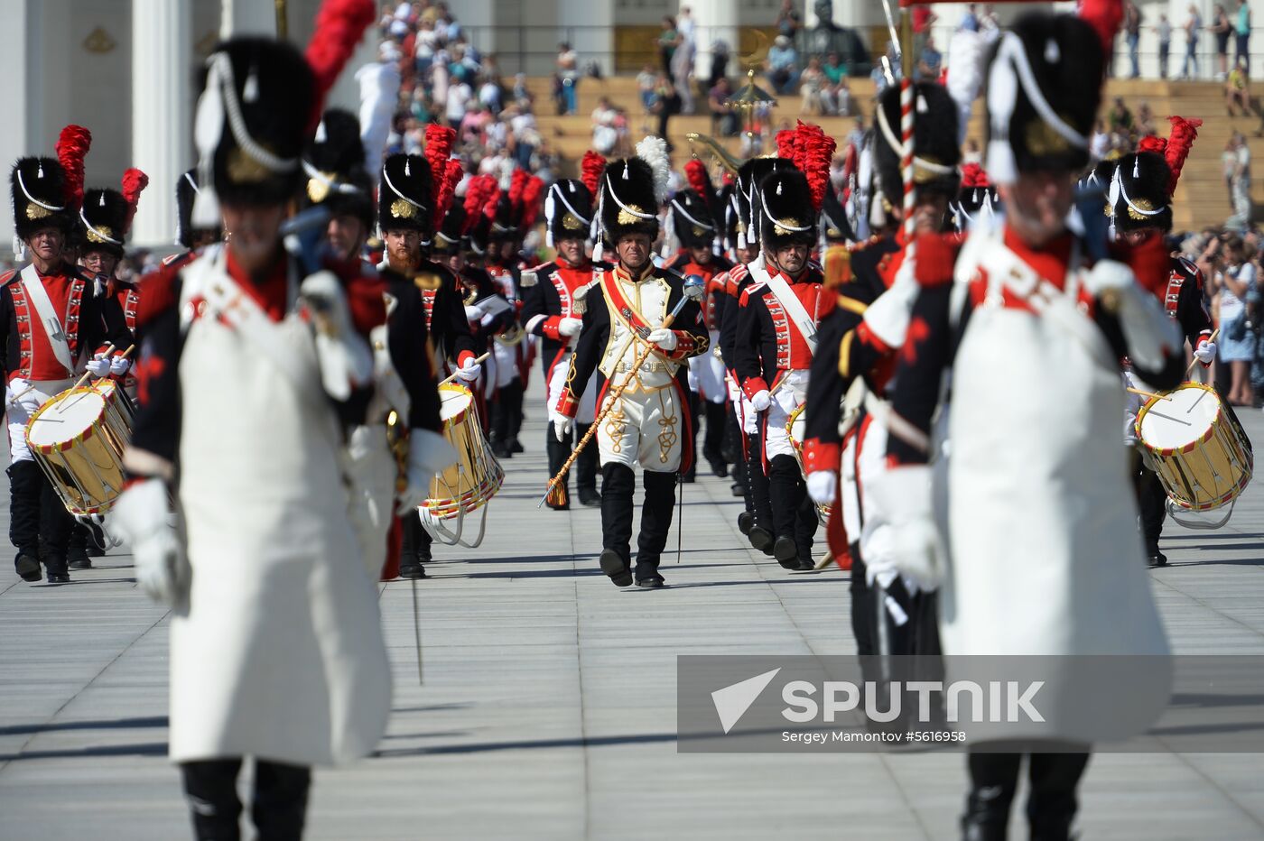 Procession of participants in international military music festival, Spasskaya Tower, at VDNKh