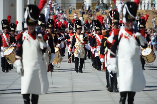 Procession of participants in international military music festival, Spasskaya Tower, at VDNKh