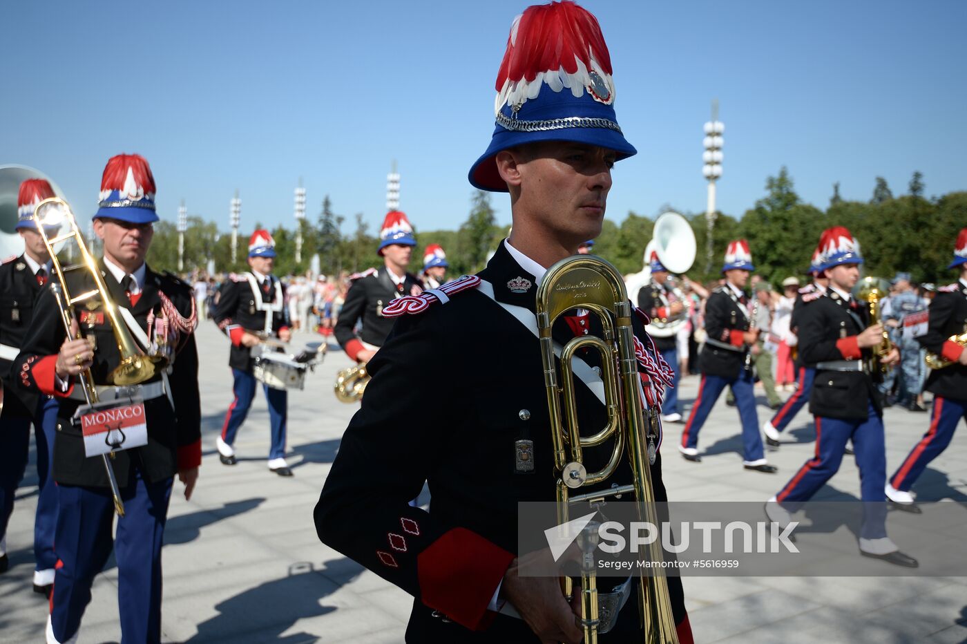 Procession of participants in international military music festival, Spasskaya Tower, at VDNKh