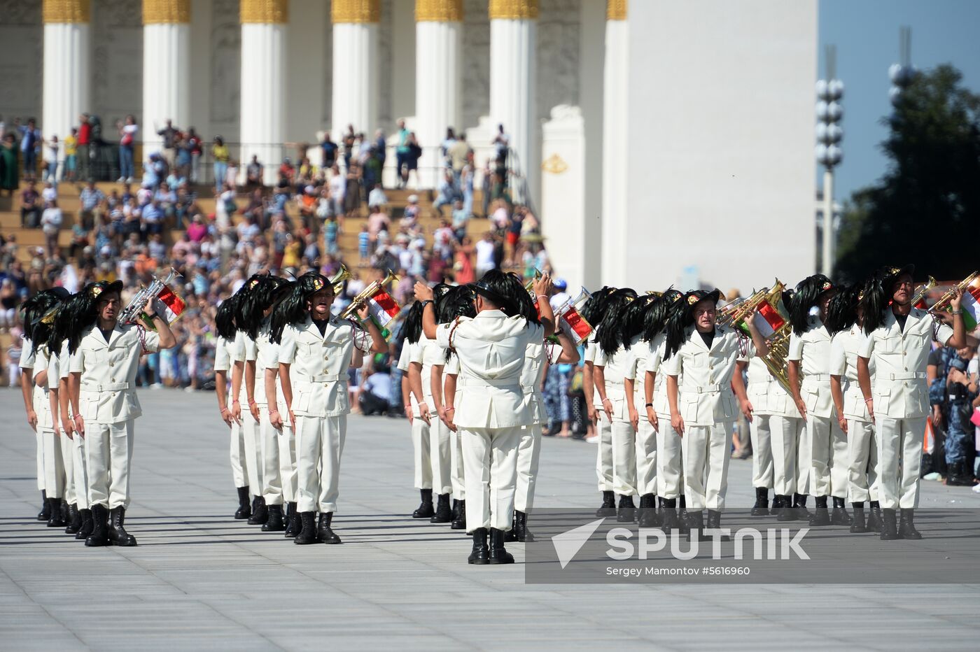 Procession of participants in international military music festival, Spasskaya Tower, at VDNKh