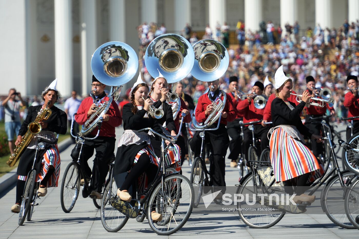 Procession of participants in international military music festival, Spasskaya Tower, at VDNKh