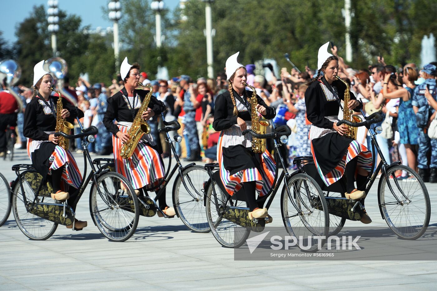 Procession of participants in international military music festival, Spasskaya Tower, at VDNKh