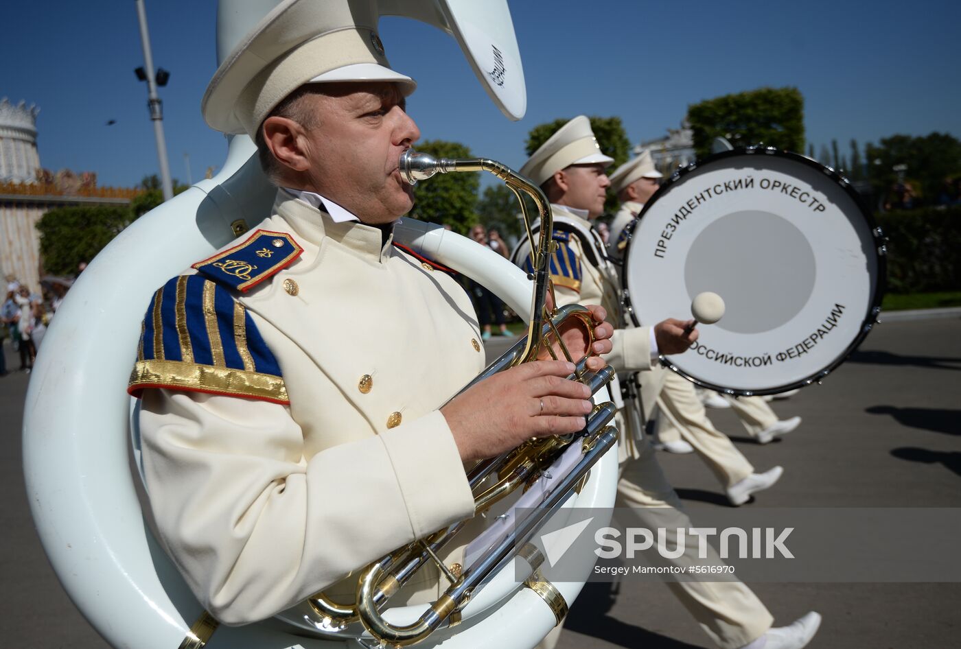 Procession of participants in international military music festival, Spasskaya Tower, at VDNKh