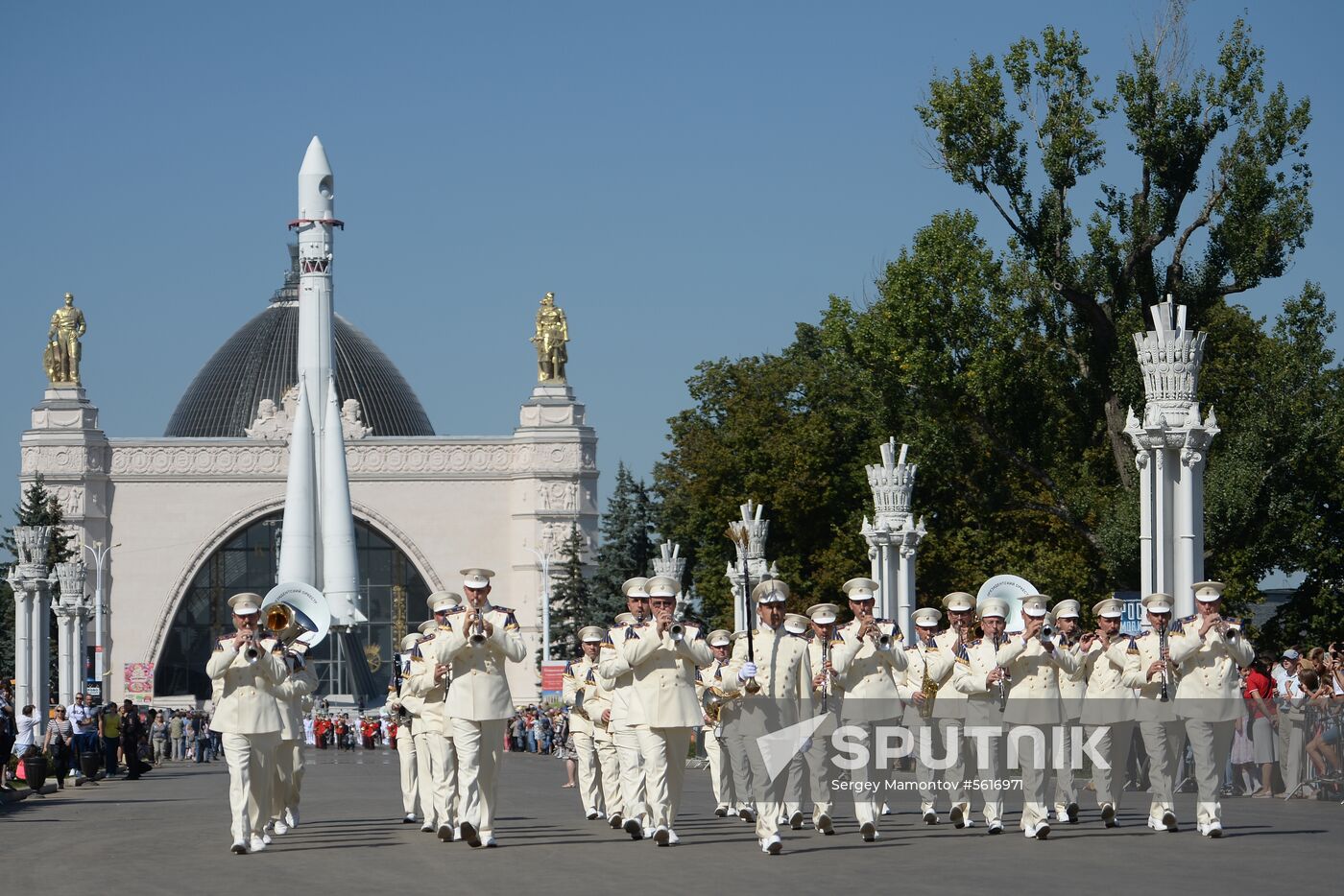 Procession of participants in international military music festival, Spasskaya Tower, at VDNKh