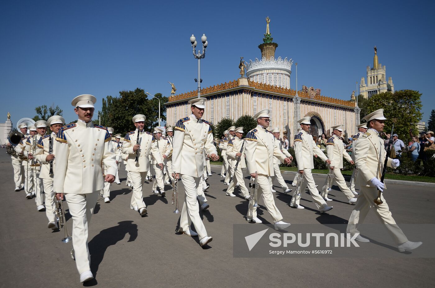 Procession of participants in international military music festival, Spasskaya Tower, at VDNKh