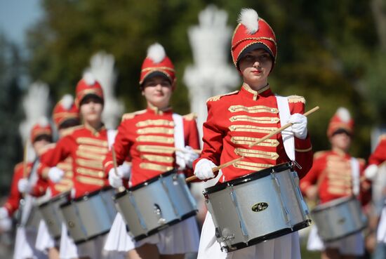 Procession of participants in international military music festival, Spasskaya Tower, at VDNKh