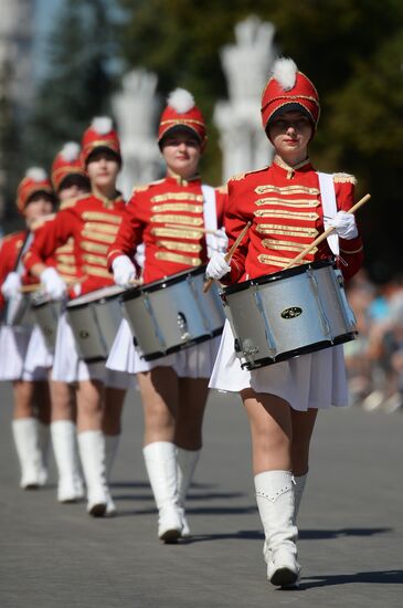 Procession of participants in international military music festival, Spasskaya Tower, at VDNKh